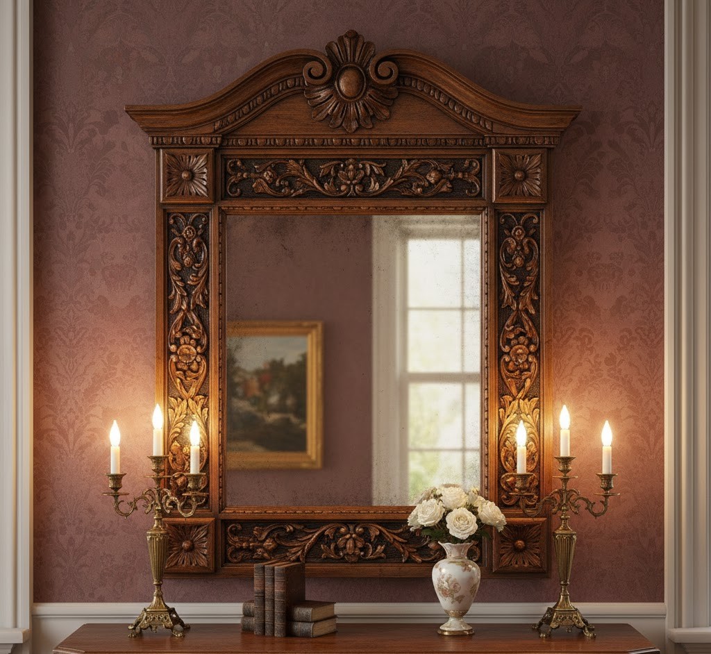Antique style mirror with decorative frame